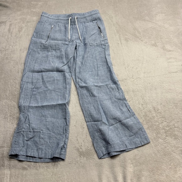 Athleta Pants - Athleta Cabo Linen Wide Leg Pant Women 8 Blue Smocked Waist Pocket Boho Travel